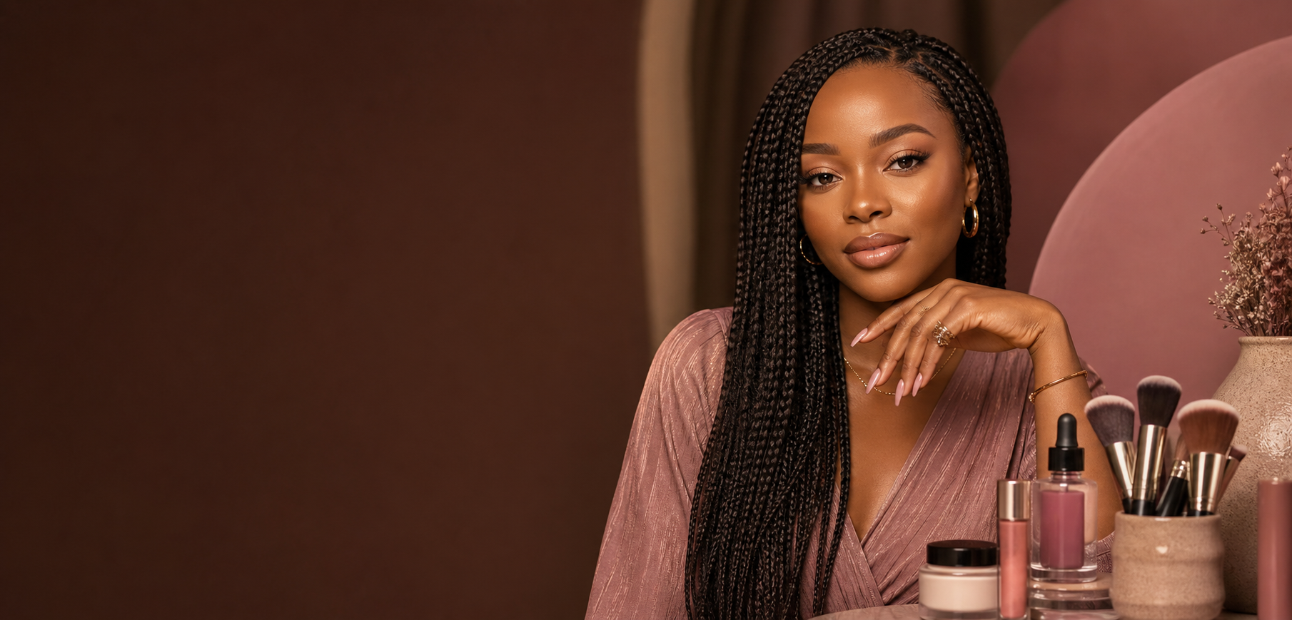 Woman with braids, elegant makeup and manicured nails
